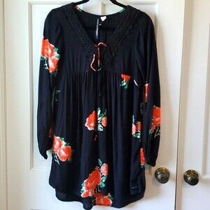 WILDFLOWER ELEMENT BOJO BLACK ORANGE FLORAL BABYDOLL SHIFT MINI DRESS SIZE SMALL